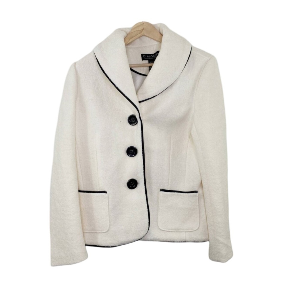 Milano White Shawl Collar Wool Blend Jacket with Black Trim